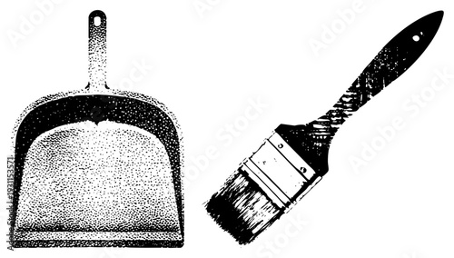 Dustpan with handle and paintbrush with bristles, cleaning tools, artistic supplies, halftone style, black and white vector illustration.