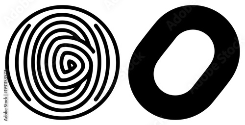 Black spiral and oval vector shapes, minimalist graphic elements, geometric art, modern design, flat style symbols.