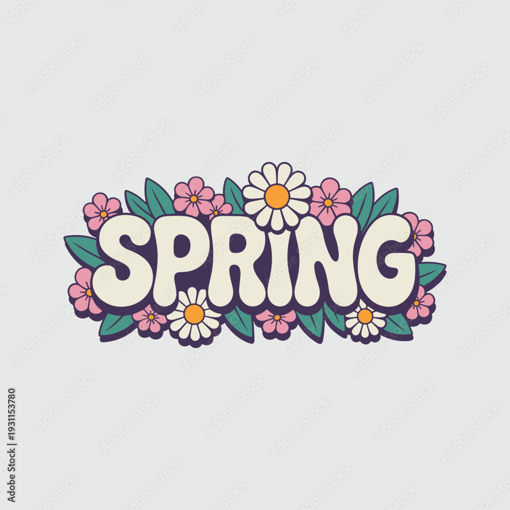 Obraz premium Retro Groovy Spring Typography with Hand-Drawn Floral Daisies