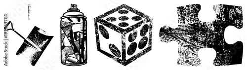 Shovel, spray can, dice, puzzle piece stylized black and white, halftone texture, graphic design elements, isolated foreground.