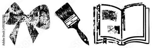 Distressed black and white vector bow, paintbrush, open book with bookmark. Graphic design elements with textured, worn aesthetic. Art, craft, and education symbols.
