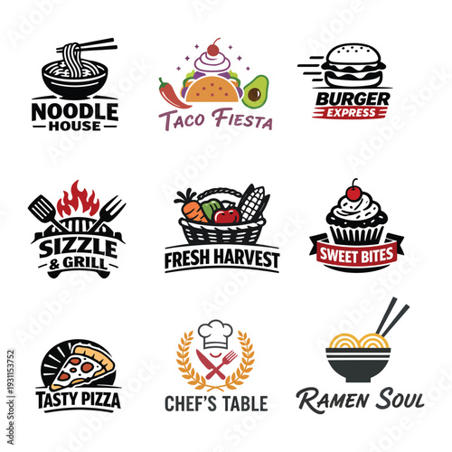 Set of food and restaurant logos. Creative branding for noodle house, burger bar, pizza, grill, bakery, and farm fresh harvest. Modern vector icons for catering, cafe, and culinary business