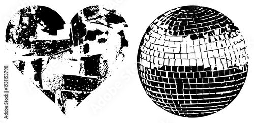 Urban within heart, disco ball with fragmented mirror facets, black and white halftone style, urban romance, nightlife, stylized vector graphics.