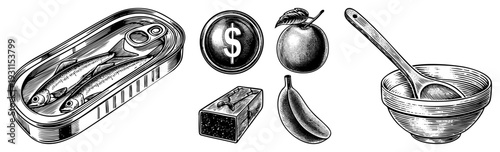 Classic engraved illustrations of canned fish, dollar coin,, cheese block, banana, and bowl with spoon, ideal for retro design or food commerce.