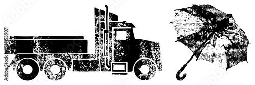 Black and white vector of dump truck and umbrella with halftone grain, isolated graphic elements, gritty texture style, urban weather symbols.