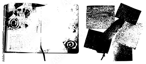 Worn open notebook with spiral corners and ink stains, paired with textured feather quill, artistic journaling tools, rustic writer’s kit, vintage aesthetic.