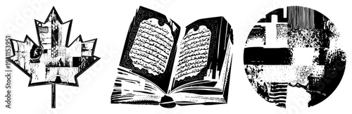 Stylized national symbols in halftone, maple leaf with architecture, open Quran text, flag vector art, cultural emblems, isolated graphic elements.