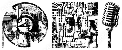 Retro microphone with grille, circuit board, stylized tech graphics, isolated vector elements, design, digital equipment.