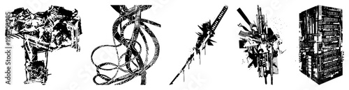 Stylized mechanical letterforms rendered in glitch art vector style, featuring fractured gears, circuitry, and industrial motifs, ideal for tech branding or dystopian design.