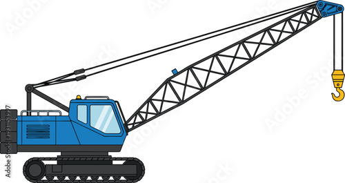 Blue Crawler Crane Construction Machine with Long Boom and Hook Vector Illustration, Heavy Equipment Cartoon Style for Engineering, Building Projects, Industrial Design, Digital Clipart