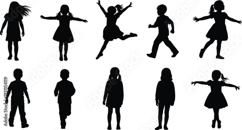 Collection of playful children silhouettes in different poses, expressing joy, movement, and creativity, isolated on white background for education, lifestyle, and childhood concepts