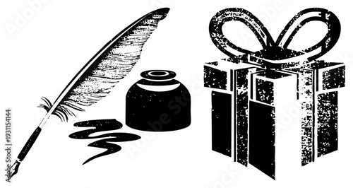 Classic writing tools including quill pen, inkwell, and gift box tied with ribbon bow, rendered in textured halftone style for artistic vintage appeal.