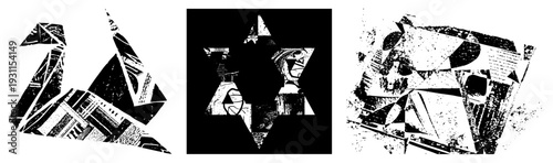 Fragmented geometric shapes with halftone textures, abstract composition, vector art, stylized graphic design, modern art piece, digital illustration, cubist inspired.