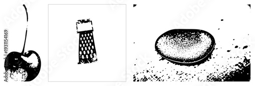 Vector halftone illustrations of cherry, grater, and soap, isolated on transparent background, stylized with grainy texture, flat design aesthetic, food and cleaning.