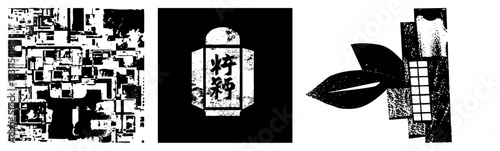 Vector art featuring stylized Japanese lantern, leaf, and fragmented grid shapes, halftone texture, design, cultural motifs, graphic elements.