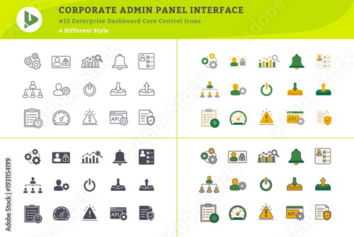 Corporate Admin Panel Interface Icon Set – 15 Enterprise Dashboard Core Control Vector Icons in 4 Styles for SaaS Backend UI