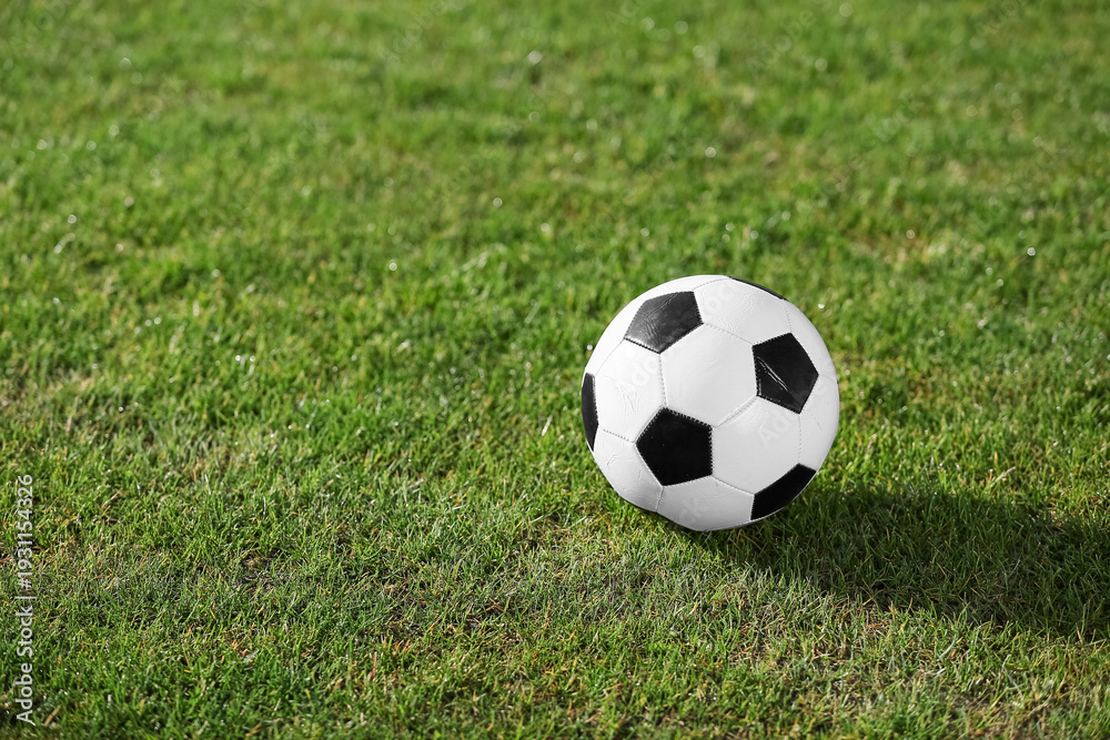 Fototapeta premium Soccer ball on green stadium grass, closeup