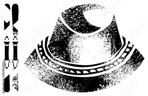 Classic western hat with textured halftone shading, paired with stylized ski poles and boots, graphic design, isolated vector art, rustic outdoor gear.