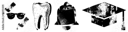 Retro halftone including sunglasses, molar tooth, school bell, and graduation cap, isolated vector symbols with grainy texture.