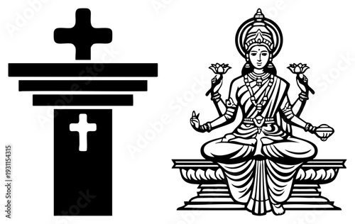Divine feminine deity seated in meditation, holding lotuses, beside minimalist and church, symbolic spiritual contrast, black style.