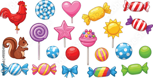 Cute candy and lollipop illustration set, colorful sweets collection, cartoon confection icons, sugary treats, kids candy design elements