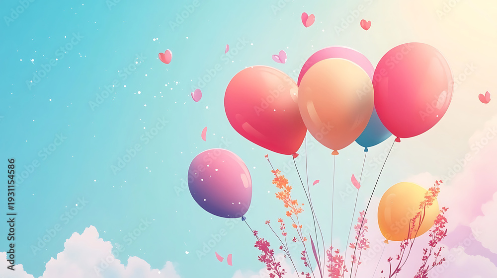 Fototapeta premium Cluster of colorful balloons floating freely in dreamy pastel sky atmosphere.