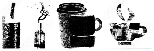 Vector coffee mugs with, textured grain, black and white halftone style, isolated beverage, drink containers, beverage.
