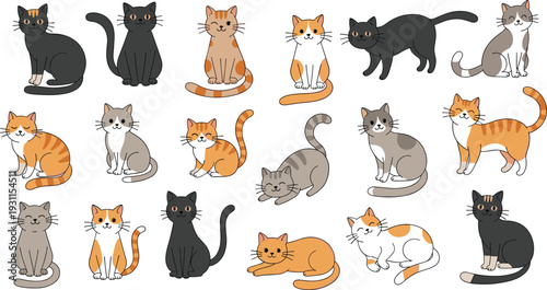 Cute cartoon cats illustration set, adorable kitten characters, funny pet poses, colorful feline collection, playful domestic animals design