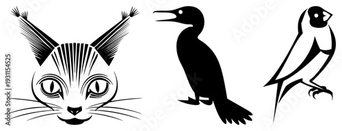 Vector art of cat face with rayed ears, cormorant silhouette, and finch in minimalist style, ideal for branding or tattoo design.