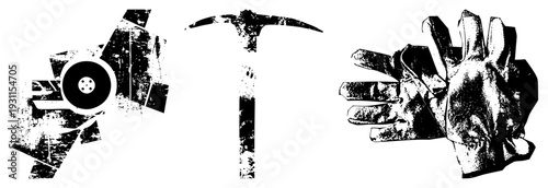 Rustic distressed pickaxe, circular saw blade, and work gloves in gritty, ideal for industrial or survival themes.