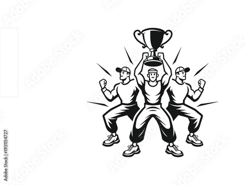 Vector Illustration of Three Athletic Teammates Celebrating Victory and Holding a Championship Trophy Cup Together