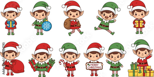 Cute Christmas elf characters illustration set with Santa helpers holding gifts decorations festive holiday flat vector design