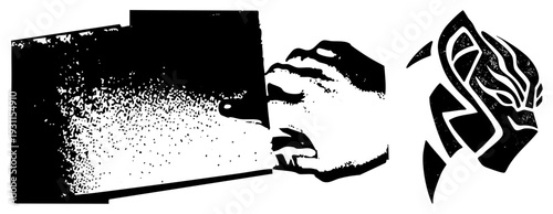 Black and white halftone vector graphic of hand gripping mug, paired with ornamental tribal mask, flat silhouette art, isolated design elements.