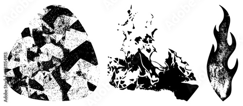 Stylized fire shapes rendered in halftone dot, flame symbols, heat graphic elements, vector, abstract combustion motifs.
