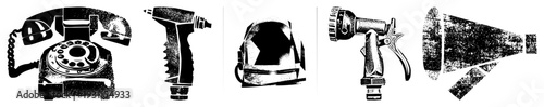 Classic rotary phone, cordless drill, welding helmet, spray gun, megaphone vintage industrial tools, retro tech, stylized vector silhouettes, halftone texture.