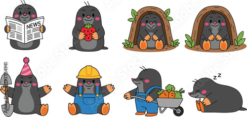 Cute mole cartoon illustration set showing funny underground animal characters working reading sleeping gardening flat vector design