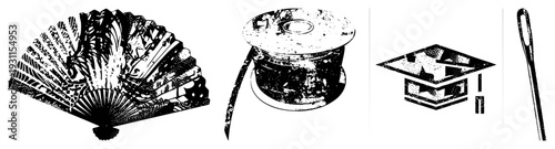 Decorative fan with ornate, thread spool with textured surface, graduation cap with stars, sewing, vector, flat design, craft and education symbols.