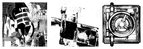 Urban rendered in bold halftone, fragmented buildings, abstract architecture, vector illustration, black and white graphic style.