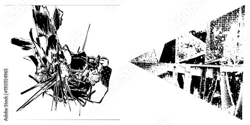 Dynamic ink brush explosion, abstract graphic chaos, artistic ink splatter, vector halftone fragments, stark contrast composition, stylized motion burst, graphic design element.