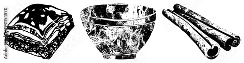 Black and white halftone illustration of a rustic bowl, layered pastry, and cinnamon sticks, classic culinary, stylized graphic design, food themed vector art.