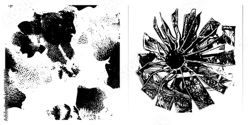 Stylized halftone textures and radiating petal shapes, vector graphic with gritty dot, artistic ink print effect, isolated design elements.