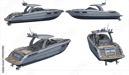 Speed Boat Blueprint – Luxury Motorboat Engineering CAD Technical Drawing