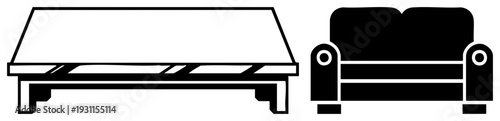 Flat style vector of a coffee table and sofa, clean, modern interior design, home furnishing symbols, silhouette.