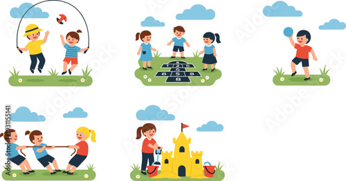 Cute vector illustration set of happy children playing outdoor games in park, including skipping rope, hopscotch, ball play, tug of war, and sandcastle activities
