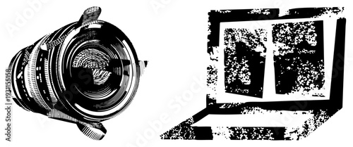 Black and white vector art of camera lens and laptop screen with halftone grain, digital tools, graphic design assets, tech illustration, isolated elements.