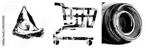 Retro cone hat, stylized shopping cart, industrial engine cylinder vector with halftone texture, isolated design elements for UI, branding, or technical diagrams.