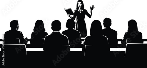 Businesswoman giving presentation to audience in conference room silhouette isolated on white background corporate seminar training illustration