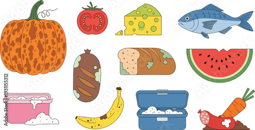 Food illustration set with fruits vegetables fish dairy bread cheese pumpkin banana lunchbox flat vector icons collection