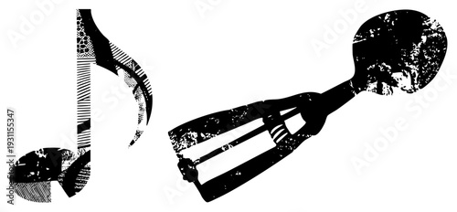 Black and white graphic of musical note and drumstick, halftone, vector art, isolated symbols, rhythmic, artistic typography.