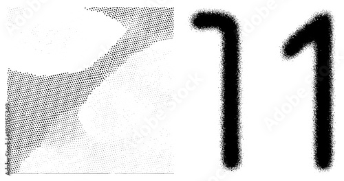 Vector graphic with halftone dots creating abstract form and numeral one, isolated design, dot matrix texture, aesthetic.